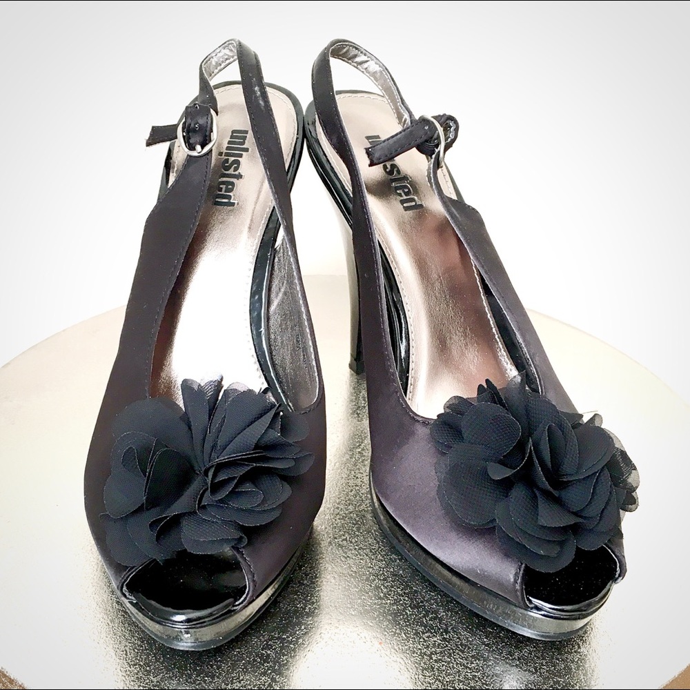 Unlisted Black Satin Peep-toes w/ Chiffon Flower